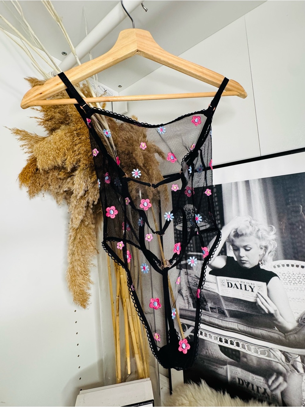Lounge Sheer Black Floral Embroidered Bodysuit